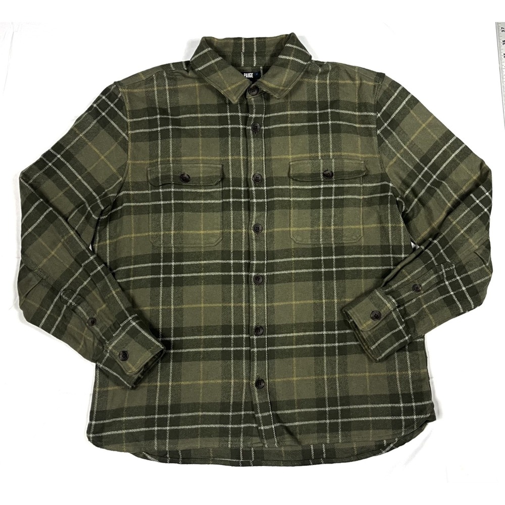 EUC PAIGE Everett Mens XL Dusty Pine Plaid Button Down Flannel Shirt 100% Cotton